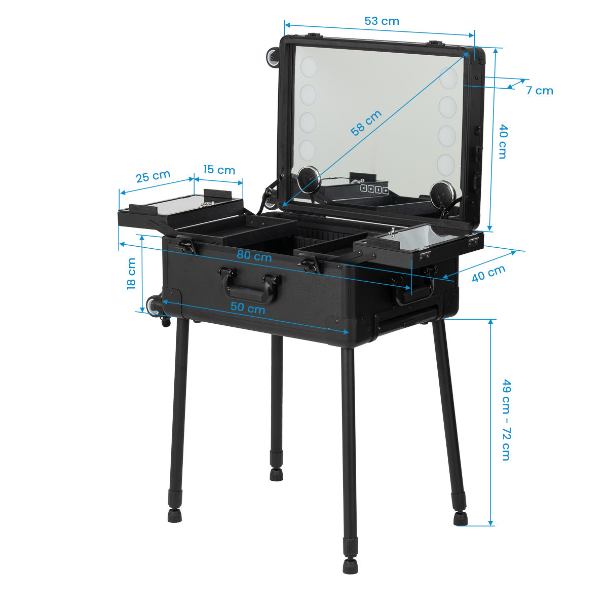 Portable makeup case workstation with non-slip adjustable legs