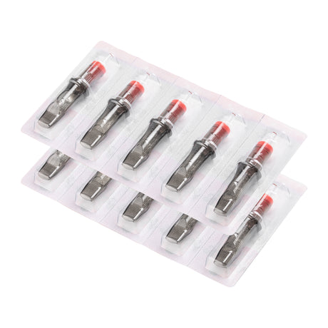 Set of 10 EL CARTEL V2 0.35mm 21RM LongTaper tattoo cartridges with precision needles for professional tattooing.