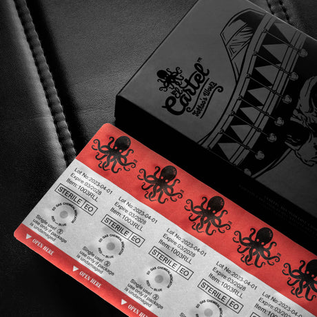 Set of 10 EL CARTEL V2 0.35mm 21RM LongTaper tattoo cartridges with precision needles for professional tattooing.