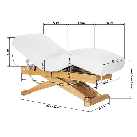 Sillon Siesta Elektrinis SPA Gultas – Baltas, Šviesiai Rudas Pagrindas · Matmenų brėžinys