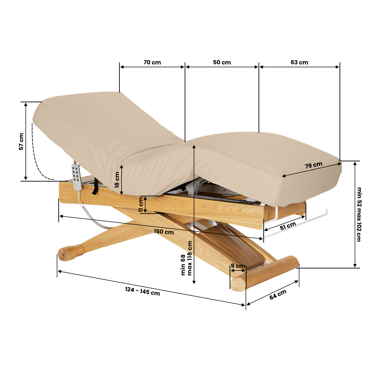 Sillon Siesta Elektrinis SPA Gultas – Smėlio Spalvos, Šviesiai Rudas Pagrindas · Matmenų brėžinys