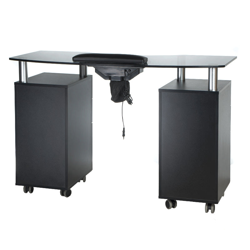 Manicure table with black hood and built-in storage from Beauty System, featuring a sleek workspace with a foldable design.