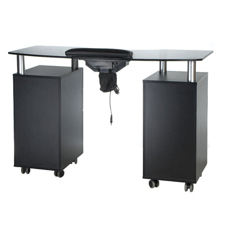 Manicure table with black hood and built-in storage from Beauty System, featuring a sleek workspace with a foldable design.