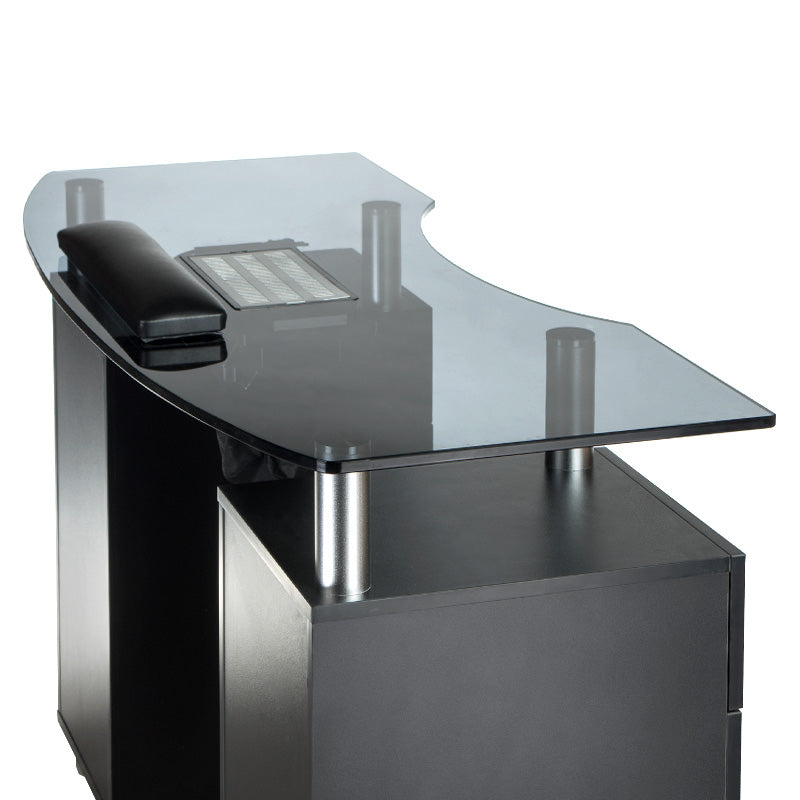 Black manicure table with hood and built-in storage from Beauty System, ideal for professional nail salon setups.