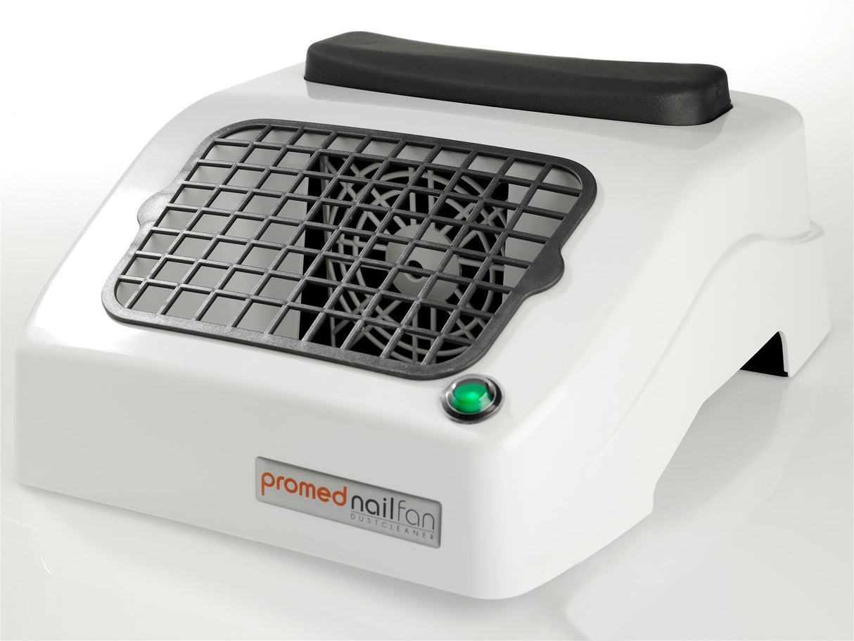 White Promed Dust Collector by Beauty System with compact design and adjustable venting for efficient dust collection.