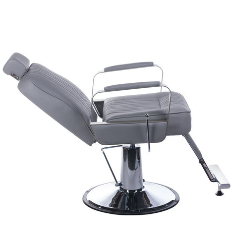 Light gray Barber Chair HOMER BH-31237 by Beauty System, featuring padded seat, adjustable headrest, and sturdy metal frame.
