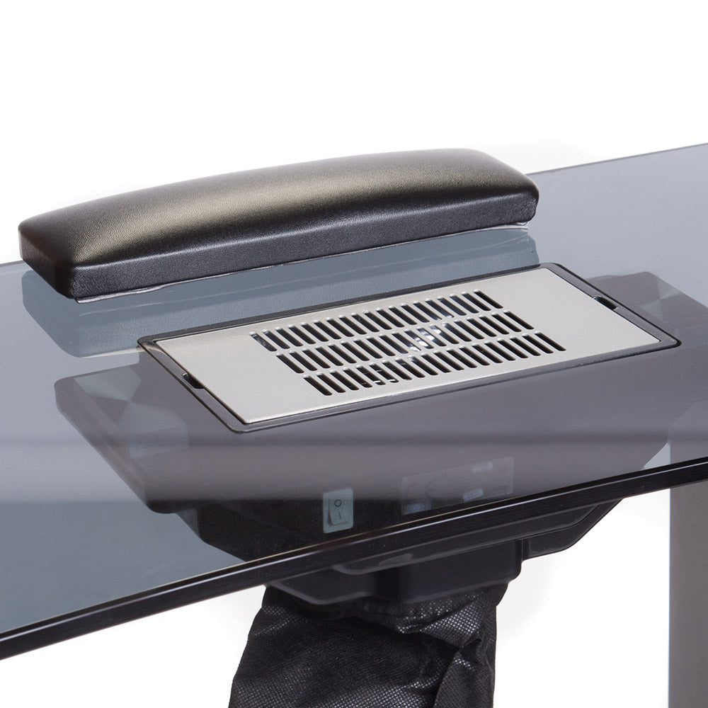 Black manicure table from Beauty System, model BD-3425-1, featuring a sleek surface and built-in storage for professional nail treatments.