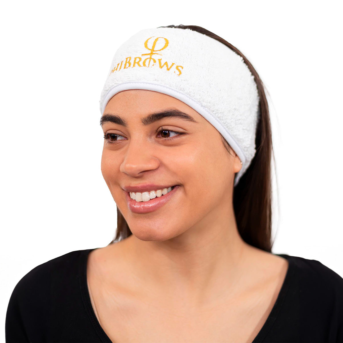 PhiBrows White Cotton Headband — headband worn to hold hair away from the face
