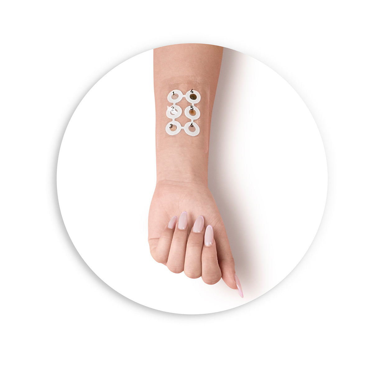 PhiAcademy Phi Patch Test 10pcs — example of test patches placed on the forearm