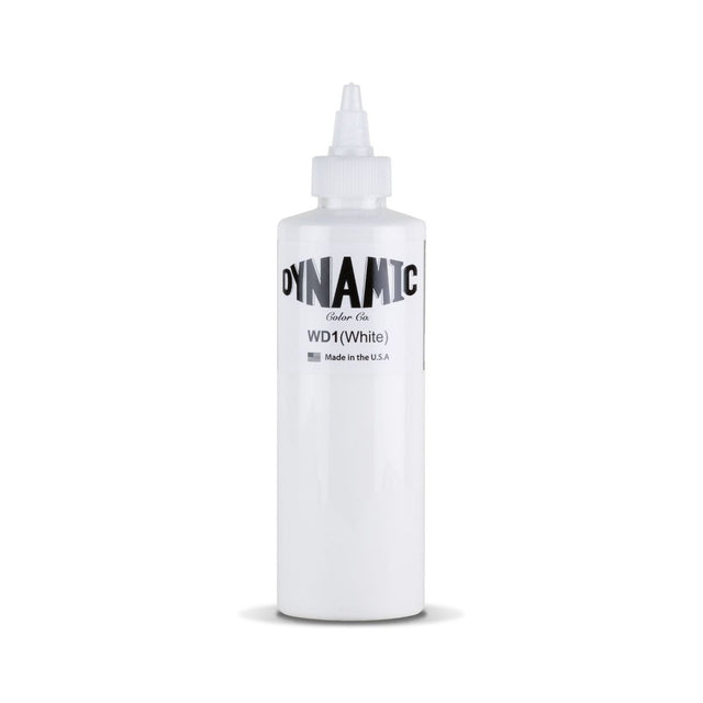Dynamic white ink in 30ml and 240ml bottles, showing the 8oz bottle with white ink inside for art or printing projects.