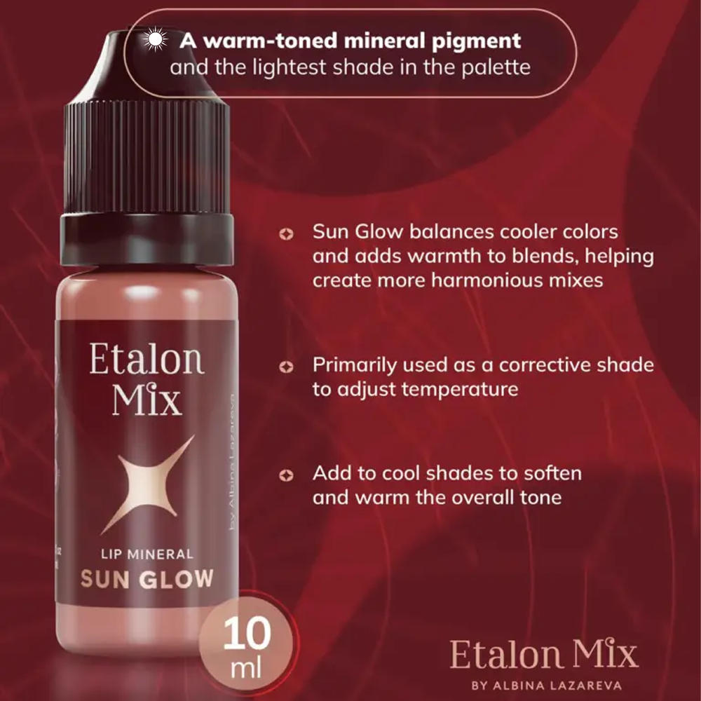 Etalon Mix Sun Glow lip pigment in 5ml or 10ml bottle, showcasing vibrant lip color with sun-kissed, glowing finish.