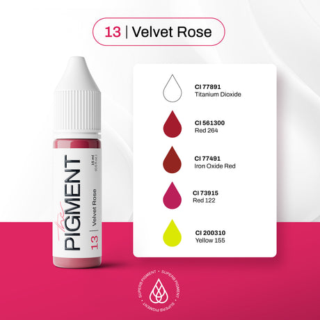 The Pigment 13 Velvet Rose pigment details for velvety lip colour