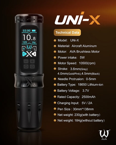 Wireless AVA UNI-X tattoo pen machine with ergonomic design and sleek black finish, ready for professional tattooing.