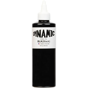 Black tattoo ink by Dynamic in a 240ml bottle, smooth consistency and deep black color for professional tattooing.