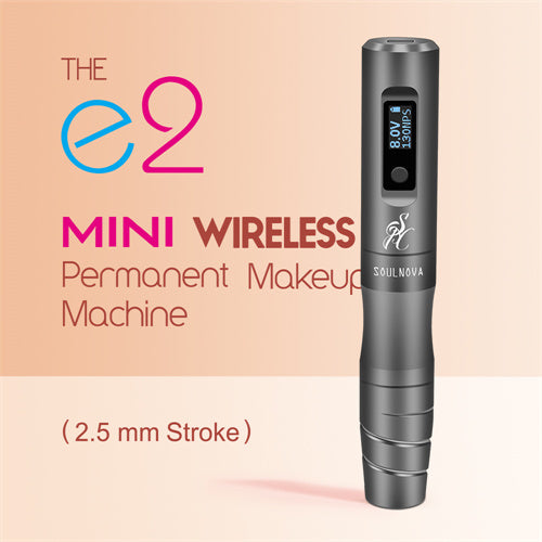 SoulNova E2 Mini wireless PMU machine pen in grey with 2.5mm needle, compact and lightweight for permanent makeup application.