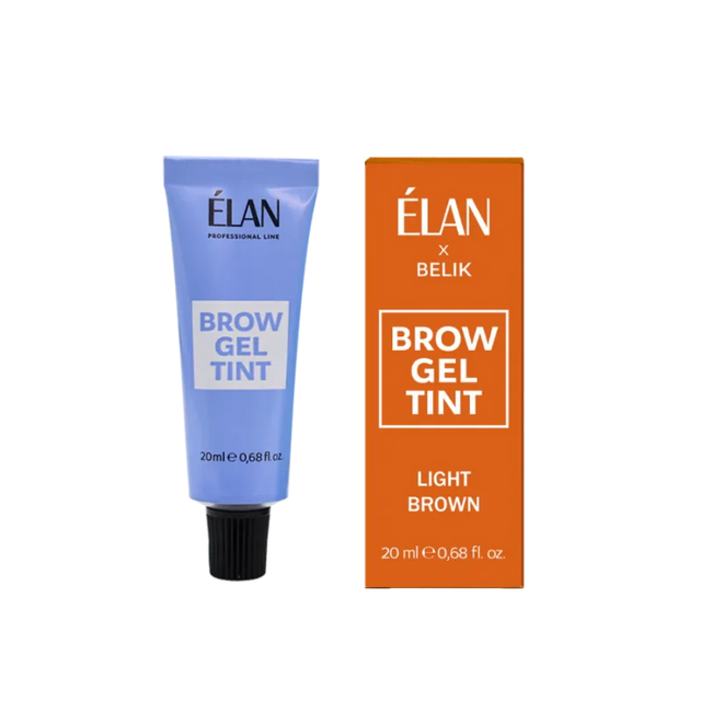 Elan Light Brown Brow Gel Tint in 20ml, showing the container with its light brown tint and applicator brush.