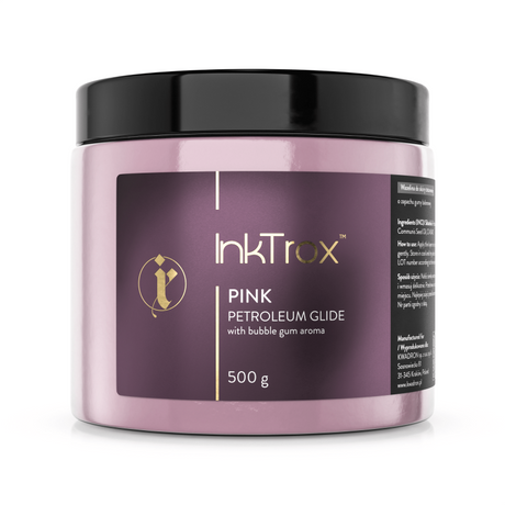 InkTrox GLIDE Pink Bubblegum 500g bottle featuring vibrant pink liquid with a clear label and black cap, designed for vaping.