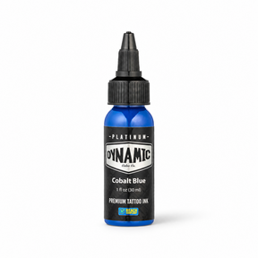 Platinum By Dynamic Tattoo Ink Cobalt Blue 30ml bottle on a white background with a natural shadow