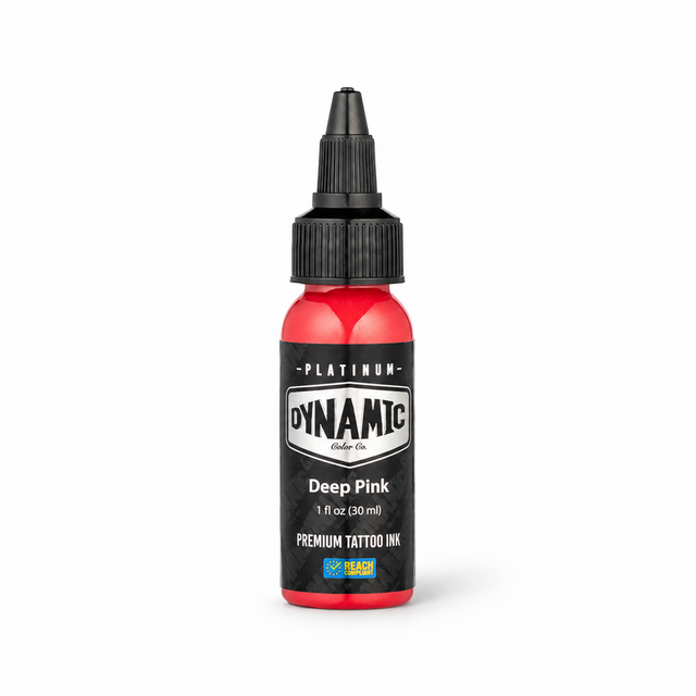 Platinum By Dynamic Tattoo Ink Deep Pink 30ml bottle on a white background with a natural shadow