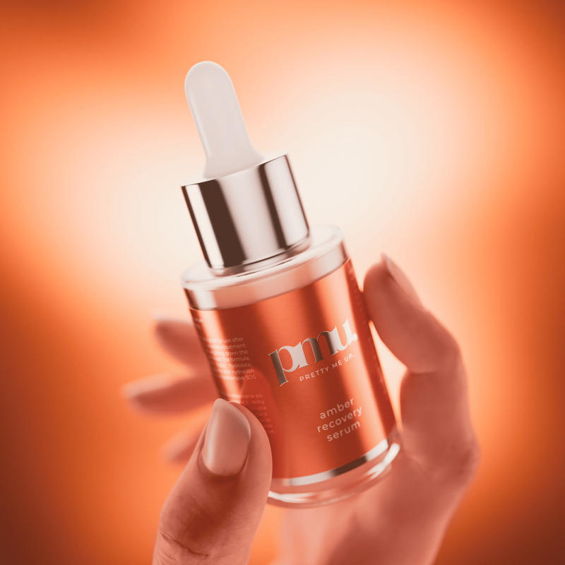 Kwadron PMU Pretty Me Up Amber Recovery Serum 30ml bottle with label and pump for post-microblading and PMU skin care.