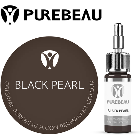 Purebeau Black Pearl 10ml HiCON antakių pigmento buteliukas ir spalvos pavyzdys