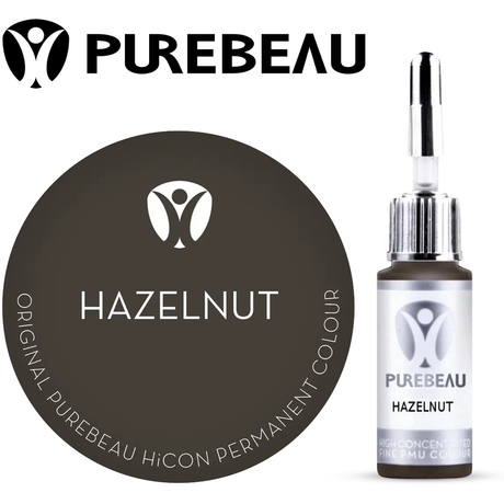 Purebeau Hazelnut 10ml HiCON antakių pigmento buteliukas ir spalvos pavyzdys