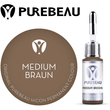 Purebeau Medium Brown 10ml HiCON antakių pigmento buteliukas ir spalvos pavyzdys