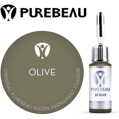 Purebeau Olive 10ml HiCON antakių pigmento buteliukas ir spalvos pavyzdys