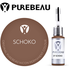 Purebeau Schoko 10ml HiCON antakių pigmento buteliukas ir spalvos pavyzdys