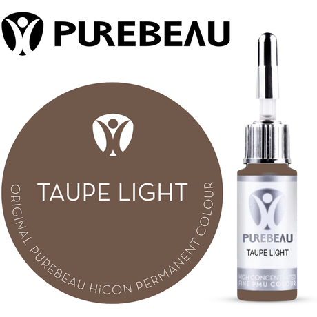 Purebeau Taupe Light 10ml HiCON antakių pigmento buteliukas ir spalvos pavyzdys