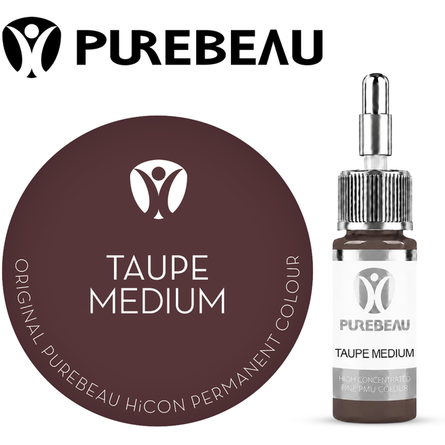 Purebeau Taupe Medium 10ml HiCON antakių pigmento buteliukas ir spalvos pavyzdys