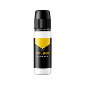 Quantum Tattoo Gold Label Bitchin White ink 30ml bottle with white label and black cap, close-up of the ink container.