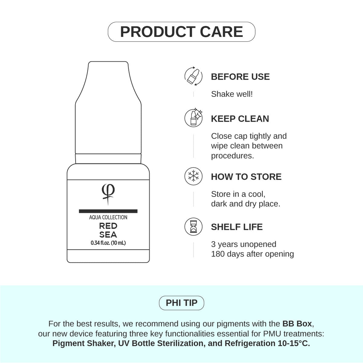 PhiAcademy PMU Aqua Red Sea Pigment 10ml — product care and storage