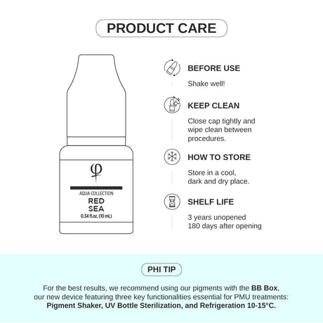 PhiAcademy PMU Aqua Red Sea Pigment 10ml — product care and storage