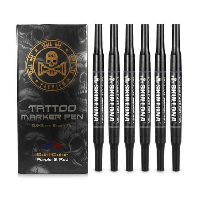 Skull DNA Dual-Ended Skin Marker in red and blue with skull design, used for temporary skin marking or cosmetic procedures.