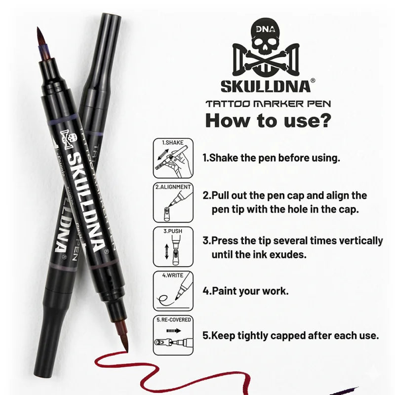 Skull DNA dual-ended skin marker in red and blue with a skull design, used for temporary body art or tattoo stencil marking.