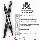 Skull DNA dual-ended skin marker in red and blue with a skull design, used for temporary body art or tattoo stencil marking.