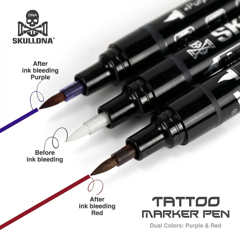Skull DNA dual-ended skin marker with red and blue ink, featuring a skull design on a white background.
