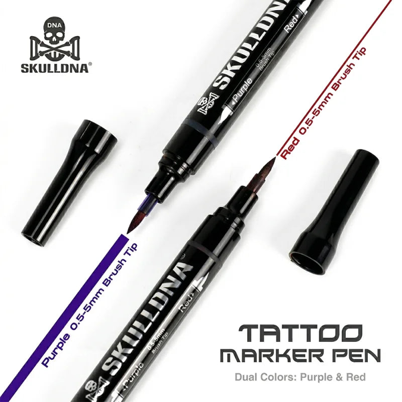 Skull DNA dual-ended skin marker with red and blue ink, featuring a skull design on the marker body.