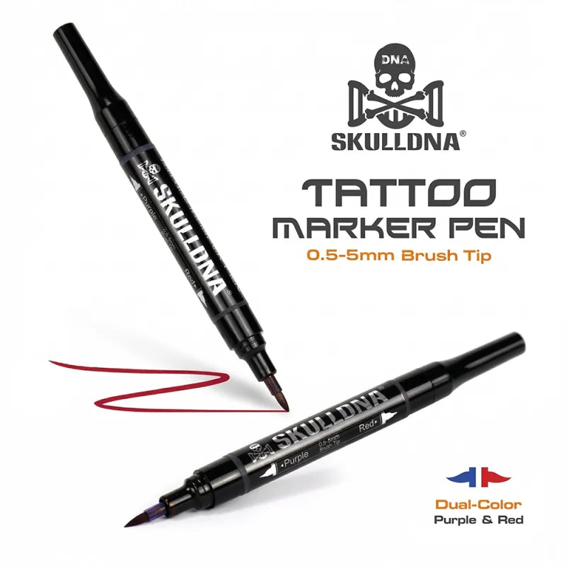 Skull DNA dual-ended skin marker with red and blue ink for temporary skin markings and body art applications.