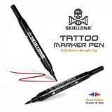 Skull DNA dual-ended skin marker with red and blue ink for temporary skin markings and body art applications.