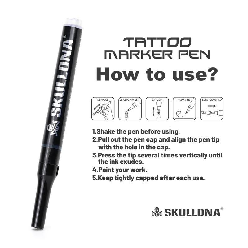 Blue SKULL DNA tattoo marker pen by AVA, showing a close-up of the precision tip with skull and DNA design on the pen body.