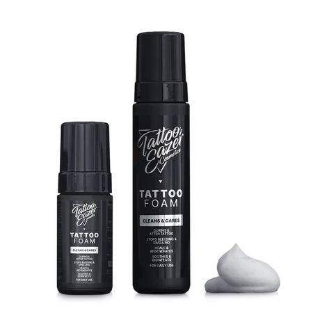 Tattoo Eazer Foam Clean and Care bottle with applicator, designed for tattoo aftercare and skin cleansing.