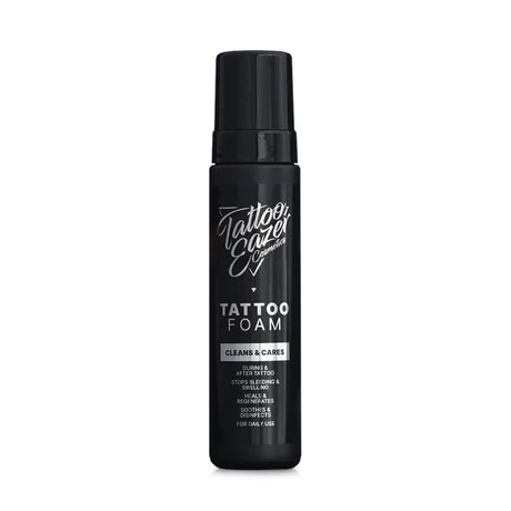 Tattoo Eazer Foam Clean and Care bottle with applicator for tattoo aftercare, featuring a white and green label on a white background.