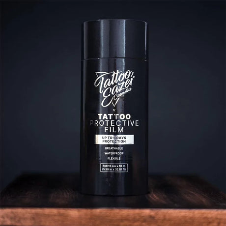 Tattoo Eazer protective tattoo film, 15cm by 10m, covering a fresh tattoo to protect and promote healing.