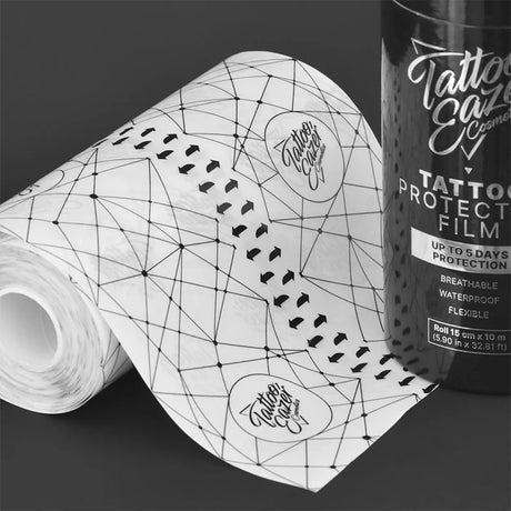Tattoo Eazer protective film in 15cm x 10m roll, clear adhesive film for tattoo aftercare and skin protection.