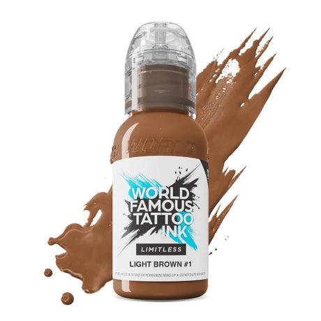 Light brown tattoo ink from World Famous Ink Limitless Line, 30ml bottle, showcasing the pigment’s rich, smooth consistency.