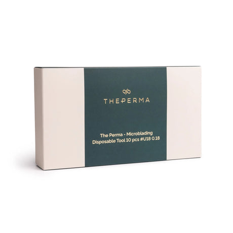 Set of 10 disposable microblading tools U18 from The Perma, 0.18mm thickness, used for precise eyebrow microblading procedures.